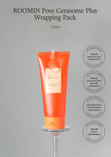 ROOMIN Pore Cerasome Plus Wrapping Pack with branding and product details on a gray background