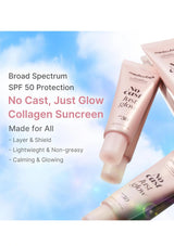 Three tubes of medcouce No Cast Just Glow SPF 50 Collagen Sunscreen displayed against a blue sky background with white clouds, accompanied by product feature text on the left.