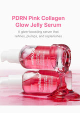 Two Medcube PDRN Pink Collagen Glow Jelly Serum bottles lying on their sides with pink gel dripping from them, set against a white background with promotional text above.