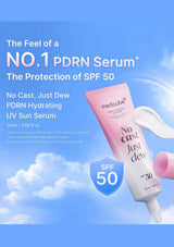 MediLube PDRN Hydrating UV Sun Serum SPF 50 in a pink and white squeeze tube, shown against a blue sky and clouds background with promotional text.