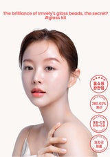 Woman with smooth skin on a white background, promoting Imvelly's glass beads product.