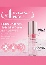 Pink promotional graphic for MediCube PDRN Collagen Jelly Mist Serum, showing a clear bottle with a metallic cap and pink serum inside, alongside text describing mist and serum textures and feature icons.