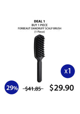 Black dandruff scalp brush with promotional text and price on a white background
