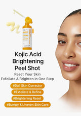 Promotional graphic for Medula Kojic Acid Brightening Peel Shot, showing a close-up of a woman's face on the right, an orange and white bottle with a dropper on the left, and text highlighting skin benefits on a light background.