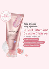 Medicube PDRN Glutathione Capsule Cleanser in a metallic pink squeeze tube, shown on a pale pink background with promotional text and floating bubble graphics.