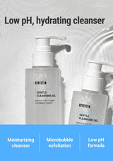 Two bottles of Rosectin Gentle Cleansing Gel with product details on a gray background