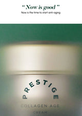 Prestige Collagen Age Cream jar with a green background and text about anti-aging.