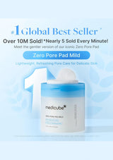 Medicube Zero Pore Pad Mild product with promotional text on a light blue background