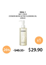Cosnori Micro Active Cleansing Oil bottle with promotional text on a white background