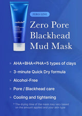 Medicube Zero Pore Blackhead Mud Mask packaging on a blue background with product features listed.