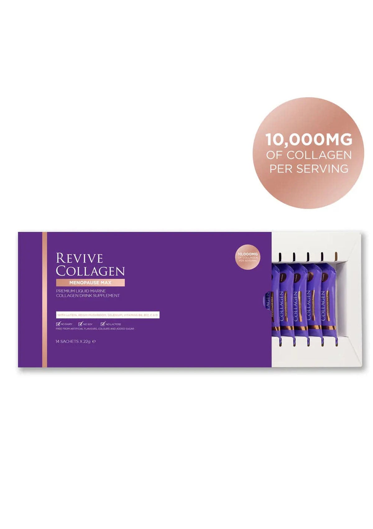 Revive Collagen packaging with purple box and pink supplement packets on a white background