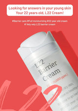 L22 Barrier Cream container on a red background with promotional text.