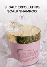 Pink and gold shampoo bottle with text 'SI-SALT EXFOLIATING SCALP SHAMPOO' on a white background.