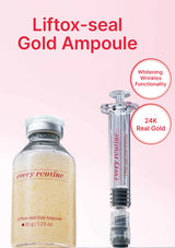 Liftox-seal Gold Ampoule bottle and syringe with 'every routine' branding on a pink background.