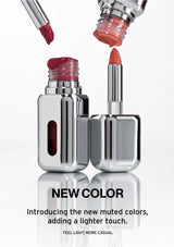 Two lipsticks with applicators on a white background, featuring the text 'NEW COLOR' and 'Introducing the new muted colors, adding a lighter touch.'.