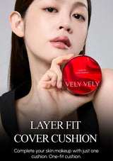 Woman holding a red VELY VELY Layer Fit Cover Cushion container against a neutral background.