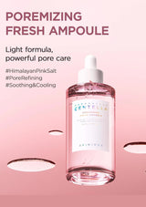 Skintouch Centella Poremizing Fresh Ampoule bottle on a pink background with text about product features.