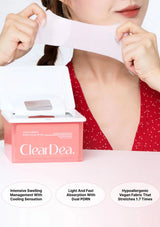 Person using ClearDea face wipes with product packaging displayed.