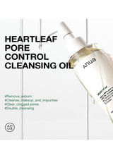 Anua Heartleaf Pore Control Cleansing Oil bottle on a white background with text about product benefits.