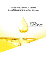 Illustration of a droplet labeled 'idebenone' with text about its power to restore skin age.