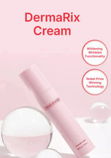 Pink DermaRix cream bottle on a pink background with text about whitening wrinkles and Nobel Prize-winning technology.