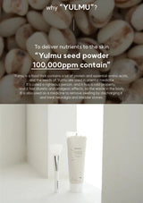 Yulmu seed powder with skincare products on a white background