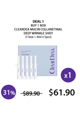 Cleardea Mucin Collagenetinal Deep Wrinkle Shot packaging with pricing and deal information on a white background.