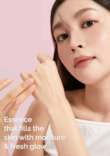 Woman applying skincare product with text about moisture and fresh glow