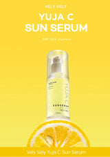 Vely Vely Yuja C Sun Serum bottle with lemon slice on yellow background