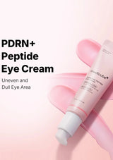 Medicube PDRN+ Peptide Eye Cream bottle on a pink background with text about eye area concerns.
