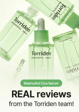 Torriden Balanceful Cica Serum with text about real reviews from the team on a light green background