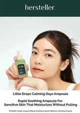 Woman holding a bottle of 'hersteller' Little Drops Calming Days Ampoule against a white background