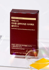 Packaging of Esther Formula Lyuh Esther Liposome Glutathione Direct Ultra X, showing a box and a pack with a yellow dissolving film strip.