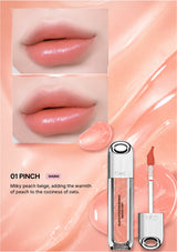Lip gloss with packaging and application on lips, labeled '01 Pinch'.