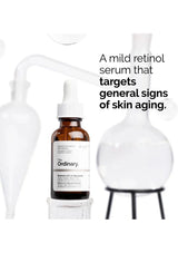 The Ordinary retinol serum bottle with text on a white background