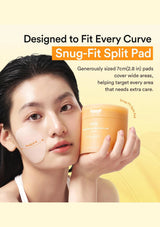 A woman holds an orange skincare pad container next to a beige Snug-Fit Split Pad on her cheek, with promotional text reading 'Designed to Fit Every Curve Snug-Fit Split Pad' on a pale yellow background.