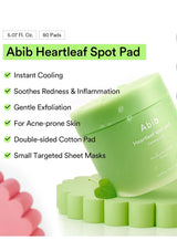 Abib Heartleaf Spot Pad skincare set shown on a white background with product text callouts. The main product is a light green jar labeled 'Abib Heartleaf spot pad' resting on matching green pad shapes, with pink pads partially visible at lower left.