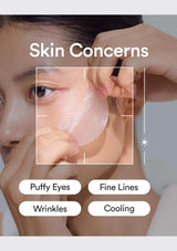 A close-up of a woman applying a clear cooling patch under her eye, with the text 'Skin Concerns' and labels for 'Puffy Eyes', 'Fine Lines', 'Wrinkles', and 'Cooling' overlaid on the image.