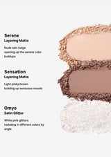 Three different makeup shades with descriptions on a white background