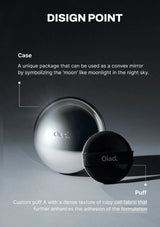 Olad makeup case and puff with design point text on a black background