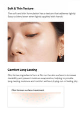 Product description with a close-up of skin texture and text about softness and long-lasting comfort.