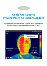 Thermal imaging of a person's face with temperature readings, featuring FLIR branding.