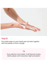Hand demonstration with powder and water on a white background