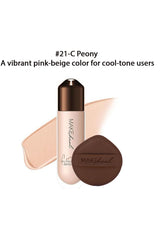 MAKEeual foundation bottle and sponge with '#21-C Peony' color description on a white background