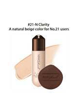 MAKEupher foundation bottle with applicator and color swatch on a white background