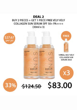 Promotional offer for Vely Vely collagen sun serum with pricing and free product details.