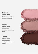 Three shades of makeup powder labeled 'Blossom', 'Sublime', and 'Chapter' with descriptions on a white background.