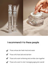 Two skincare products and a jar with text recommending use for tired skin, dull skin, whitening, wrinkle care, and aging management.