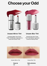 Lip tint products with applicators and color swatches on a white background