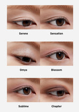 Eye makeup comparison with labels 'Serene', 'Sensation', 'Omyo', 'Blossom', 'Sublime', and 'Chapter'.